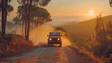An SUV driving on a dusty road through a forest with the warm glow of the sunrise in the
