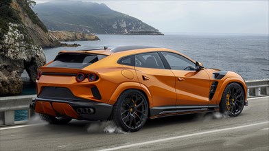 Orange luxury SUV driving on a seaside road with smoke from tires, AI generated