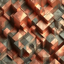 Abstract 3D rendering of geometric cubical shapes in various shades of orange, AI generated