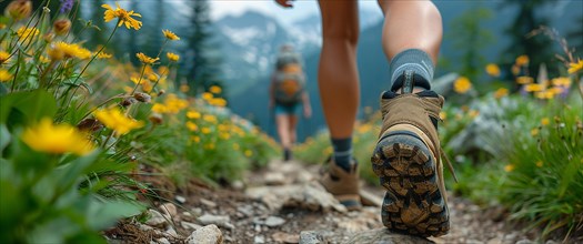 Person walking down a flowery trail with another hiker ahead in springtime AI generated