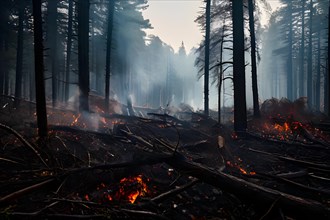 Dense forest pockets of trees charred from wildfires, AI generated