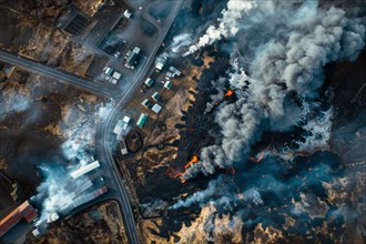 Drone image, aerial image, of a lava flow entering a settlement area after a volcanic eruption and