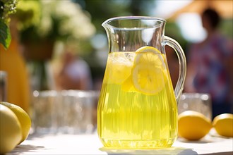 Jar with fresh homemade lemonade on outdoor table. KI generiert, generiert, AI generated