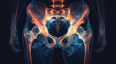 Digital representation of human pelvic bones with a blue and orange glowing effect, ai generated,