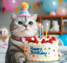 A cat wishes a happy birthday with a birthday cake with candles, symbolic image celebration, party,