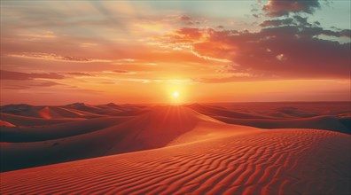 Sun setting over the desert dunes, casting a warm glow, ai generated, AI generated