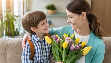 Mother with green cardigan smiles at her son with school backpack, who hands her tulips, AI