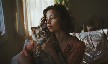 A woman holding a cat in a cozy home setting exudes a sense of composure and comfort AI generated