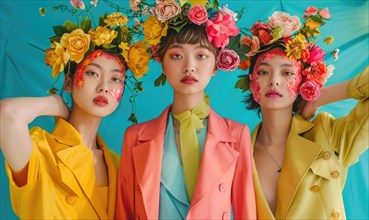 Three women posing with vibrant floral headdresses against a blue backdrop AI generated