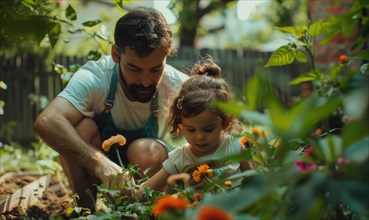 A father is teaching his young daughter gardening, illustrating family bonding in nature AI