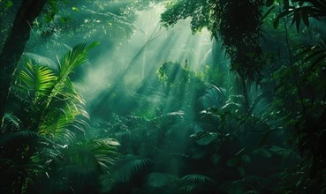 Sunlight pierces the mist in a dense, green jungle AI generated