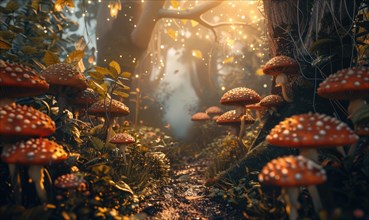 A magical forest scene with glowing mushrooms and enchanting twilight ambiance AI generated