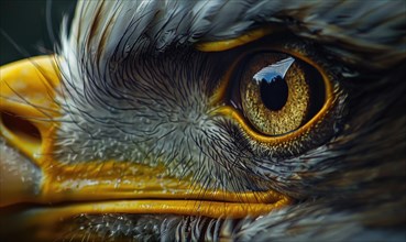Close view of an eagle's eye surrounded by textured feathers with a piercing look AI generated