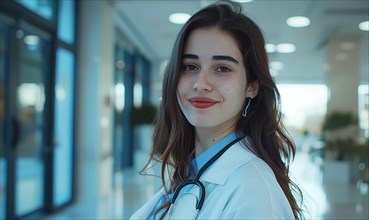 Confident young woman in a white coat with a stethoscope, smiling in a healthcare environment AI