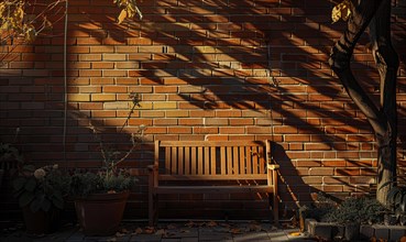Evening light casting shadows around a bench and potted plant by a brick wall AI generated