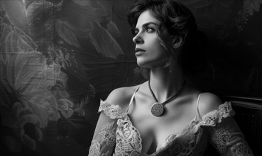 Woman in lace gazing away in a vintage style black and white photo AI generated