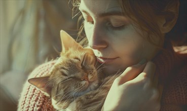 Tender scene of a woman showing affection to a cat in gentle light AI generated