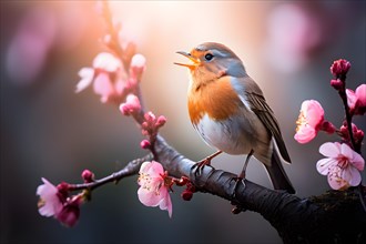 Robin perched on a blossoming tree branch singing with springs first buds, AI generated