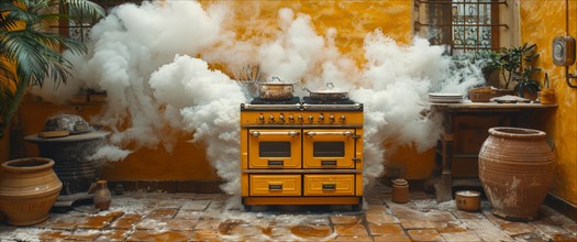 Bright yellow stove overflowing with smoke in a rustic terracotta-themed kitchen, AI generated