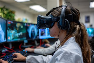 Female gamer deeply immersed in virtual reality with headset and multiple screens, AI generated