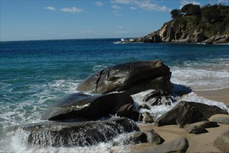 Beach view with rocks in the foreground, gentle waves and a clear blue sky Elba Island Italy