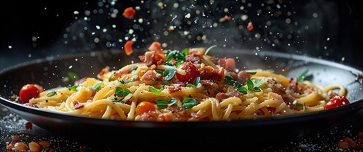 Steaming pasta with tomato and basil on a dark background, capturing the dynamic sprinkle of