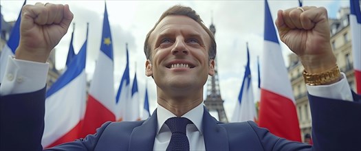 Smiling man with raised fists in a victory pose in front of France flags, AI generated