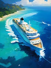 Digital painting of aerial view featuring a cruise ship slicing through the caribbean sea, AI
