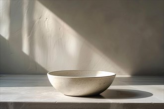 A minimalist composition featuring an empty beige bowl with soft shadows, AI generated