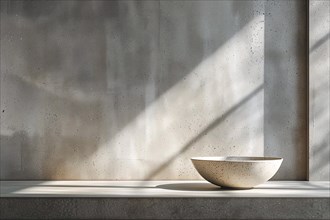A simple ceramic bowl on a table, casting a shadow in a tranquil, sunlit room, AI generated