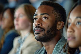 An attentive man listening intently in an audience during an event or seminar, AI generated