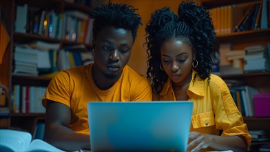 Two african young beautiful students in orange yellow shirts studying together at night in front of