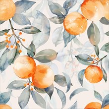 Watercolor seamless pattern with oranges and green leaves AI generated