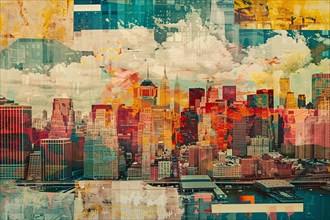 Vibrant abstract mixed media piece featuring a cityscape with skyscrapers at sunset, illustration,