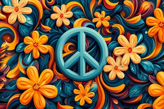 Intricate floral pattern with vibrant colors forming a peace symbol, illustration, AI generated