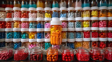 Variety of colorful pill bottles and jars in a pharmacy-like setting, AI generated