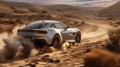 Italian silver luxury all road traction sports car speeding through a desert with a trail of dust,