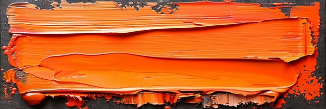 Vibrant orange paint strokes create an abstract textured background on black canvas, banner 3:1