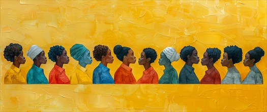 Eleven profiles of African women with colorful attire and headscarves against a textured yellow