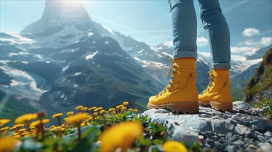 Person standing on a rocky mountain path wearing yellow boots, AI generated