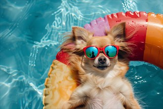 Cute Pomeranian dog with red sunglasses lying in floating tire in swimming pool water. KI