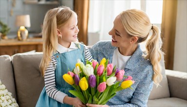 A cheerful girl hands a woman a colourful bouquet of tulips in a cosy living room, symbol of