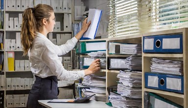 A woman takes a folder from the shelf in a well-organised office archive, symbolism bureaucracy, AI