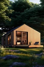 Snug minimalistic tiny house in natural environment, AI generated