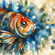 Cubist-inspired abstract watercolor painting of a fish, square aspect, AI generated