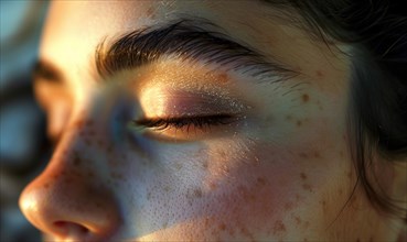 Calm close-up of a young woman in sunlight, highlighting her freckles and eyelashes AI generated