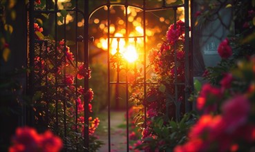 The warm light of sunset silhouettes roses around a tranquil garden gate AI generated