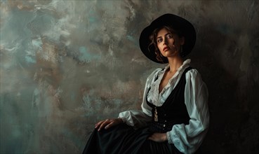 Elegantly dressed woman in hat with a contemplative gaze in moody lighting AI generated