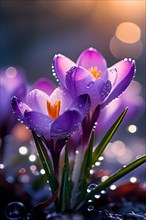 Early morning crocuses glistening with dew greeting the sunrise, AI generated