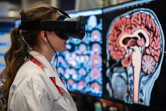 Female medical professional using a virtual reality headset to examine detailed brain scans, AI